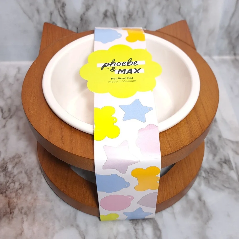 Phoebe & Max Pet Bowl Set Elevated  Ceramic Raised Cat Food Bowl‎ Wood